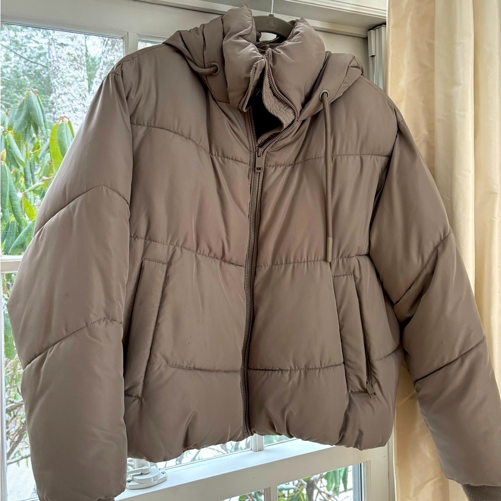 Zara Taupe Hooded Puffer Coat - Size Small - Like New